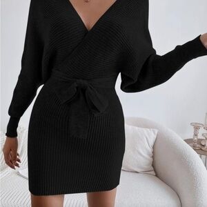 H&M Black Ribbed Wrap Mini Dress with Waist Tie